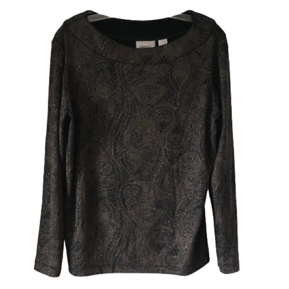 NWOT Chico's Travelers Top Black Print Boatneck Longs sleeves Size 2 Large  4450